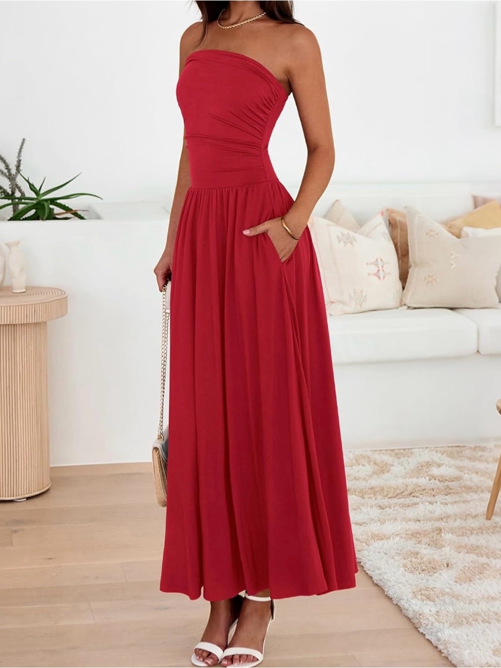Strapless Red Maxi Dress with Ruched Bodice and Pockets